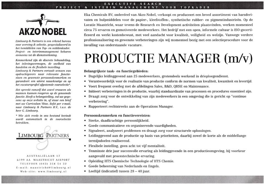 Wervingsadvertentie voor Eka Chemicals, onderdeel van Akzo Nobel, Productie Manager