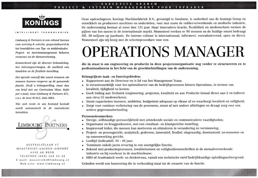 Wervingsadvertentie voor Konings Machinefabriek, Operations Manager
