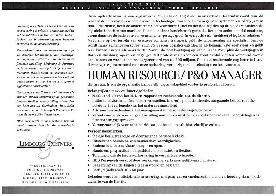 Wervingsadvertentie voor een logistiek dienstverlener, Human Resource en P&O Manager