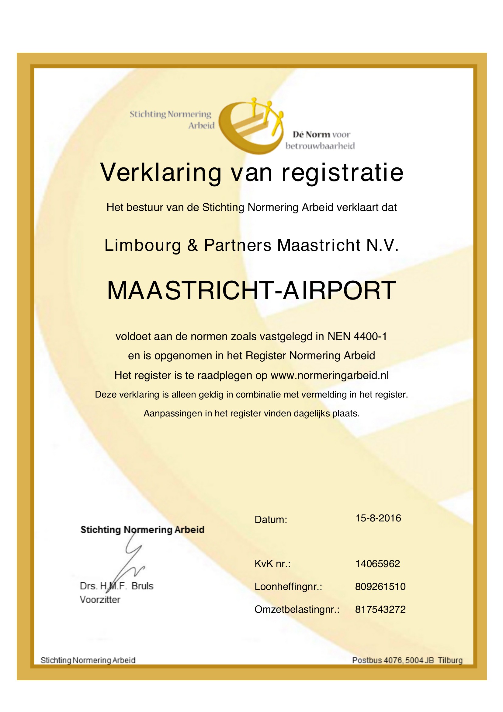 Verklaring van registratie SNA, 2016